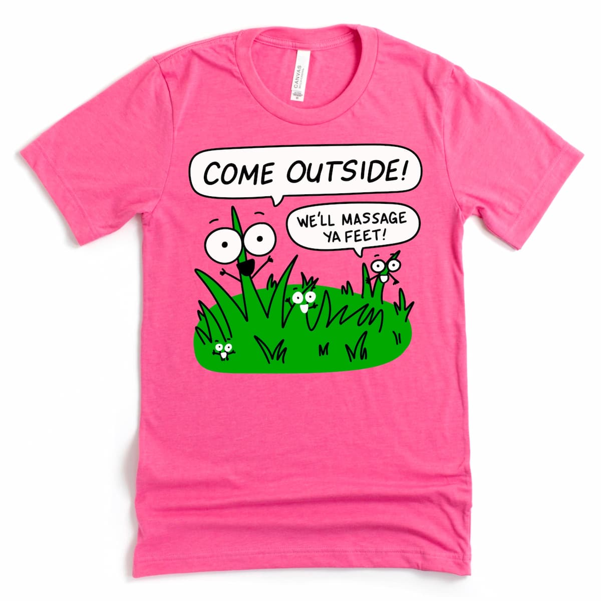 Funny outdoor shirt in Heather Charity Pink with whimsical grass message “We’ll massage ya feet!” – Kalirally