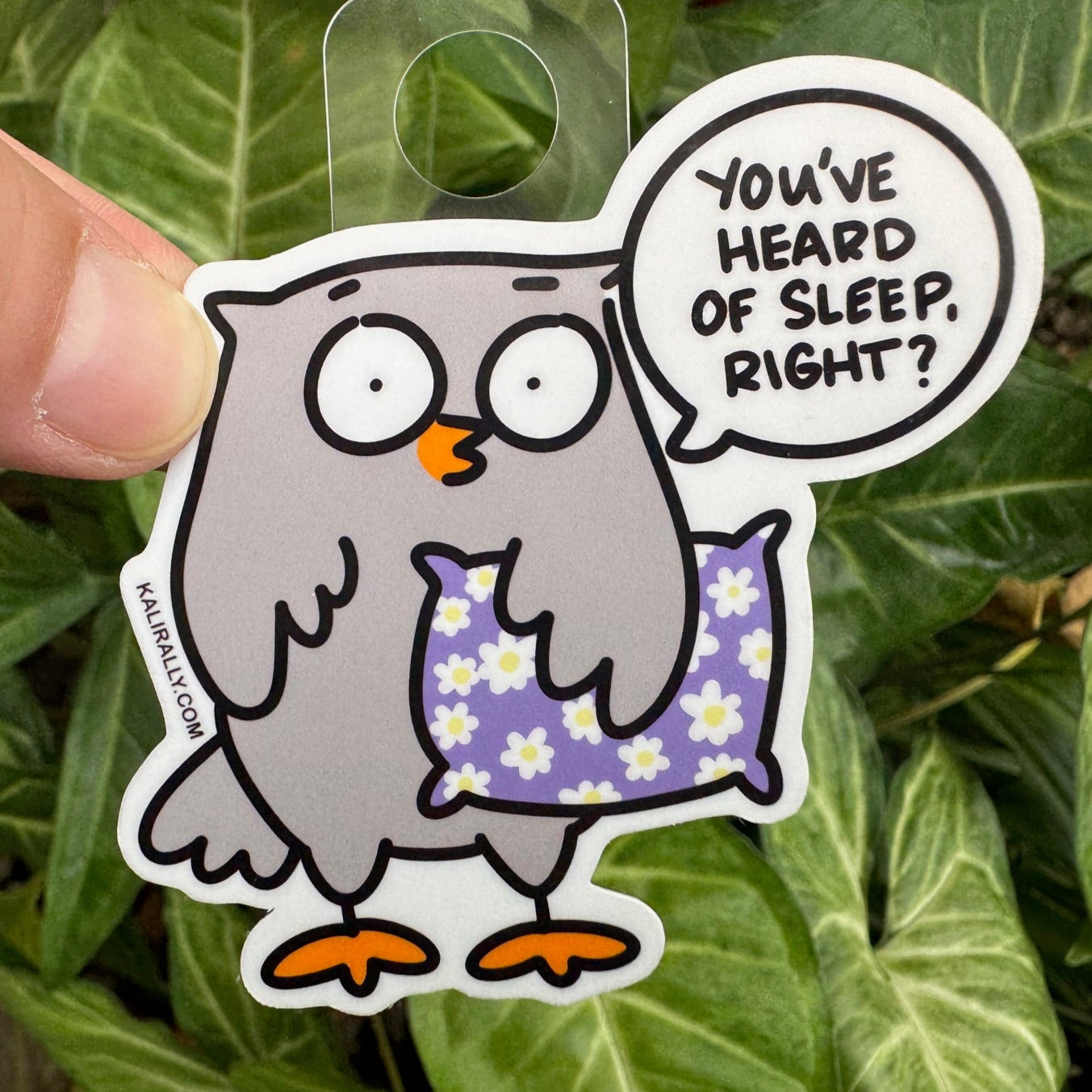 Cartoon owl sticker with the phrase "You’ve Heard of Sleep, Right?" Funny vinyl decal for water bottles, laptops, notebooks, and bedtime humor fans, by Kalirally.