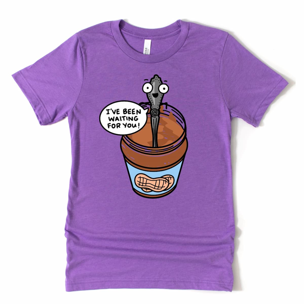 Humorous peanut butter shirt in Heather Purple with playful cartoon jar and “I’ve Been Waiting for You” phrase, by Kalirally