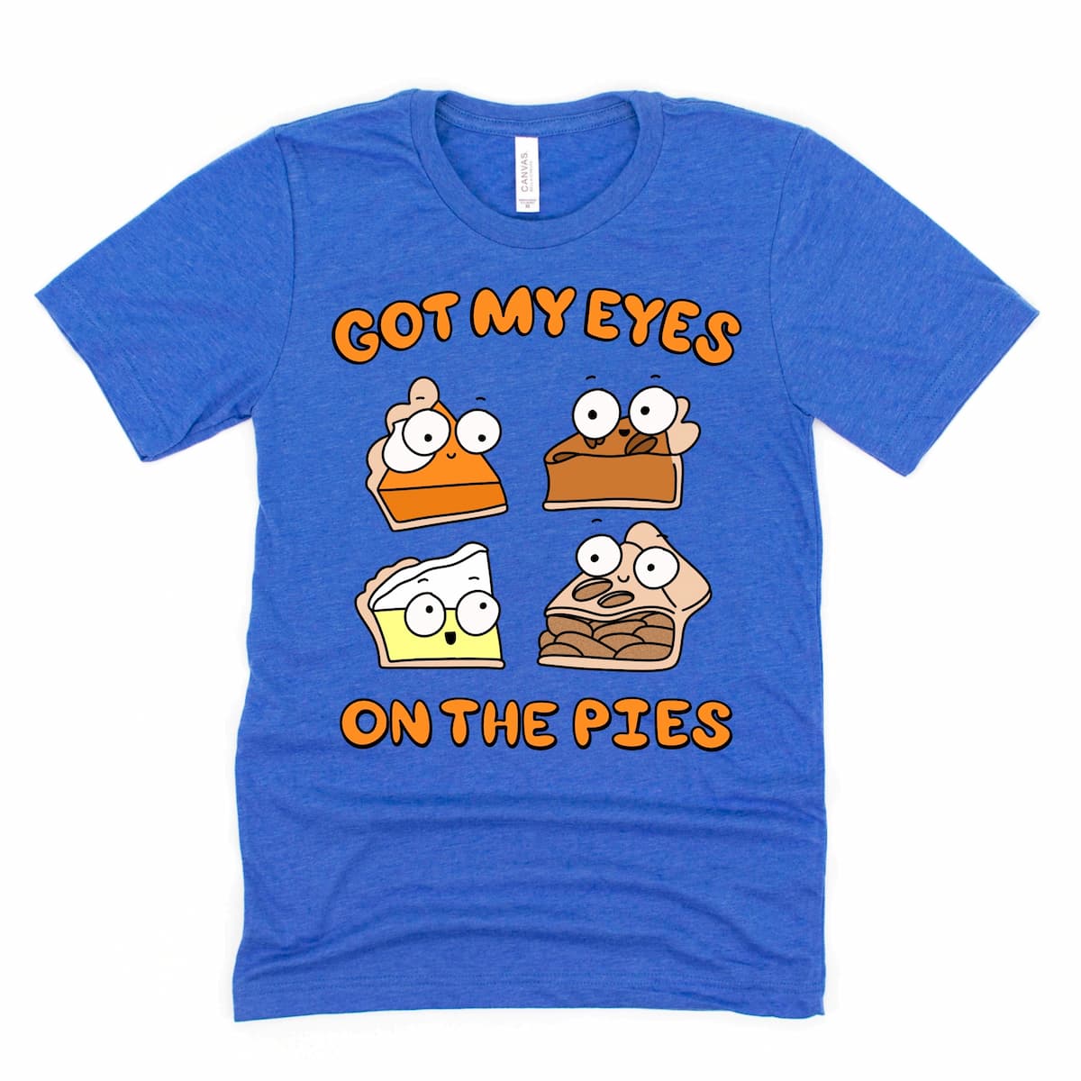 Funny pie lover shirt with cartoon pumpkin, pecan, lemon meringue, and apple pie in Heather True Royal Blue by Kalirally