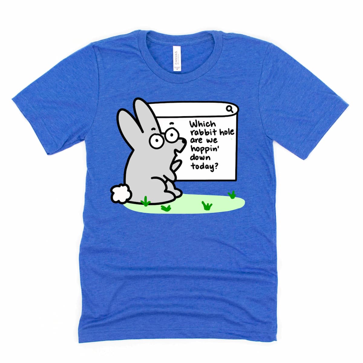 Funny rabbit hole research cartoon t-shirt in Heather True Royal Blue by Kalirally