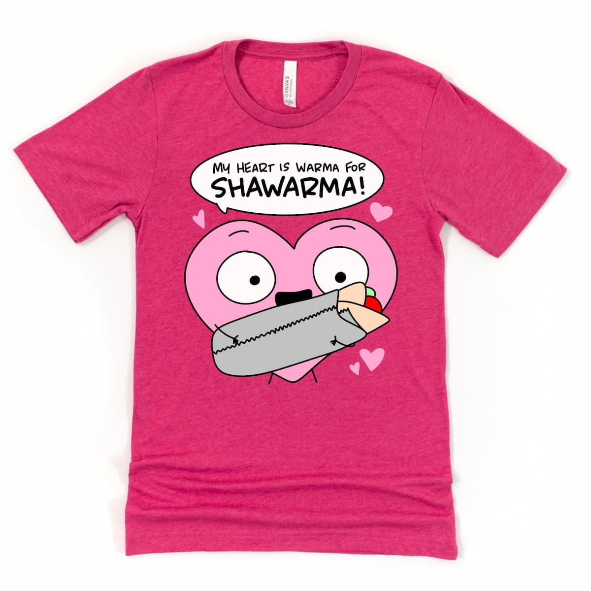 Heather raspberry My Heart Is Warma for Shawarma food pun shirt for Mediterranean food fans by Kalirally