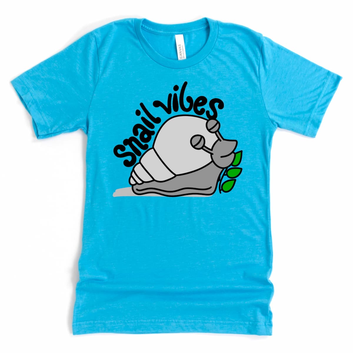 Heather Aqua Snail Shirt with cartoon snail and “Snail Vibes” graphic, fun casual wear for slow-living fans by Kalirally