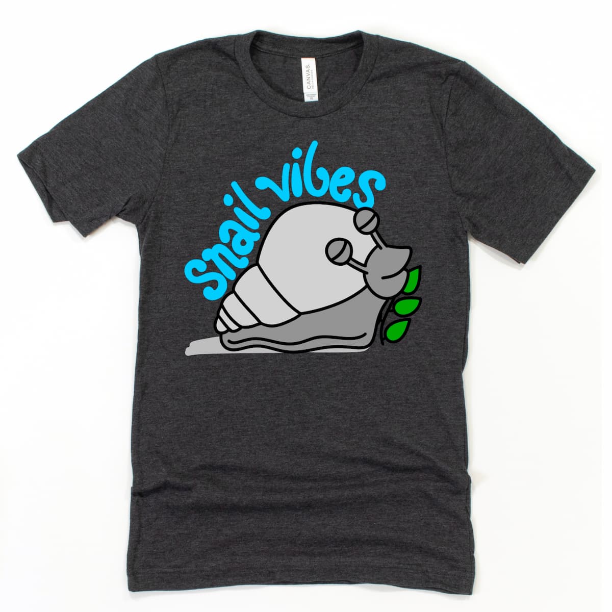 Heather Dark Grey Funny Snail Shirt featuring cartoon snail with “Snail Vibes” design, perfect for gardeners and nature lovers by Kalirally
