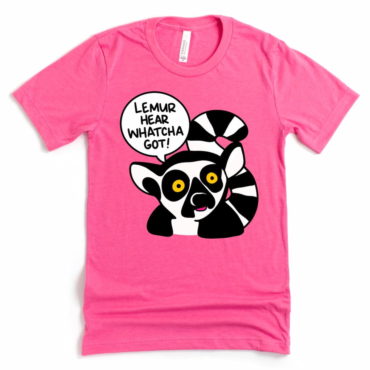 Funny teacher shirt in heather charity pink by Kalirally with bold lemur art and playful text “Lemur hear whatcha got”