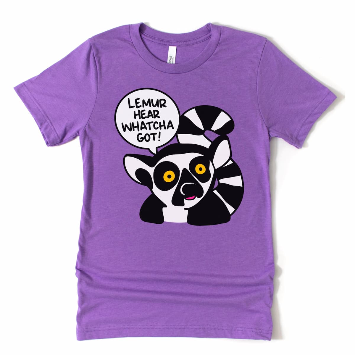 Heather purple funny teacher shirt from Kalirally featuring a silly lemur with wide eyes and the phrase “Lemur hear whatcha got”