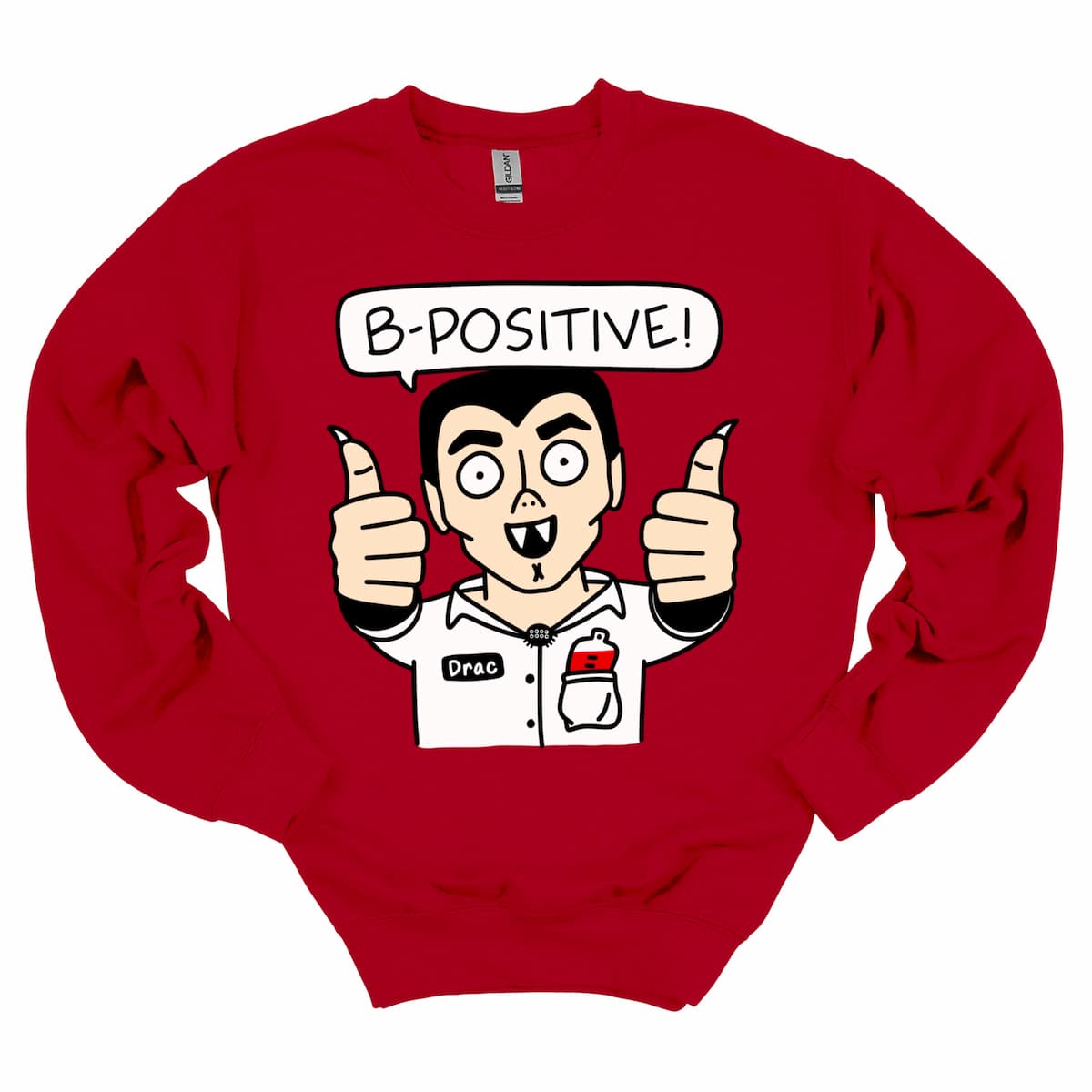Dark Red “B-Positive” Vampire Sweatshirt, Halloween crewneck for women, parents, and spooky-season lovers – by Kalirally