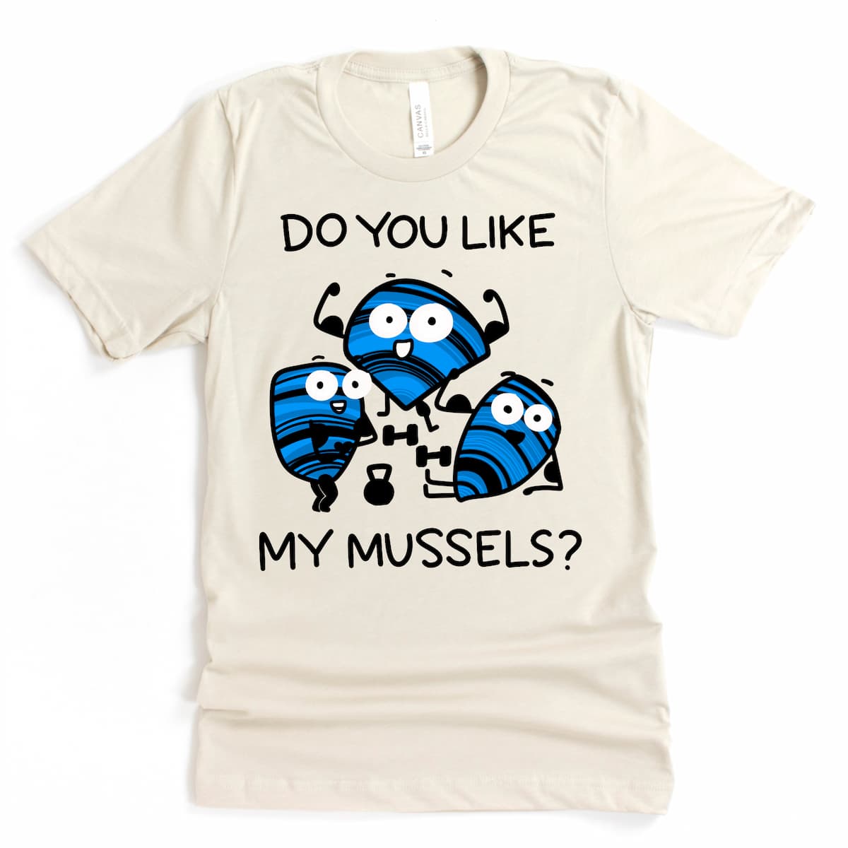 Flat lay of heather dust t-shirt with cartoon mussels lifting weights – funny weightlifting apparel for gym lovers