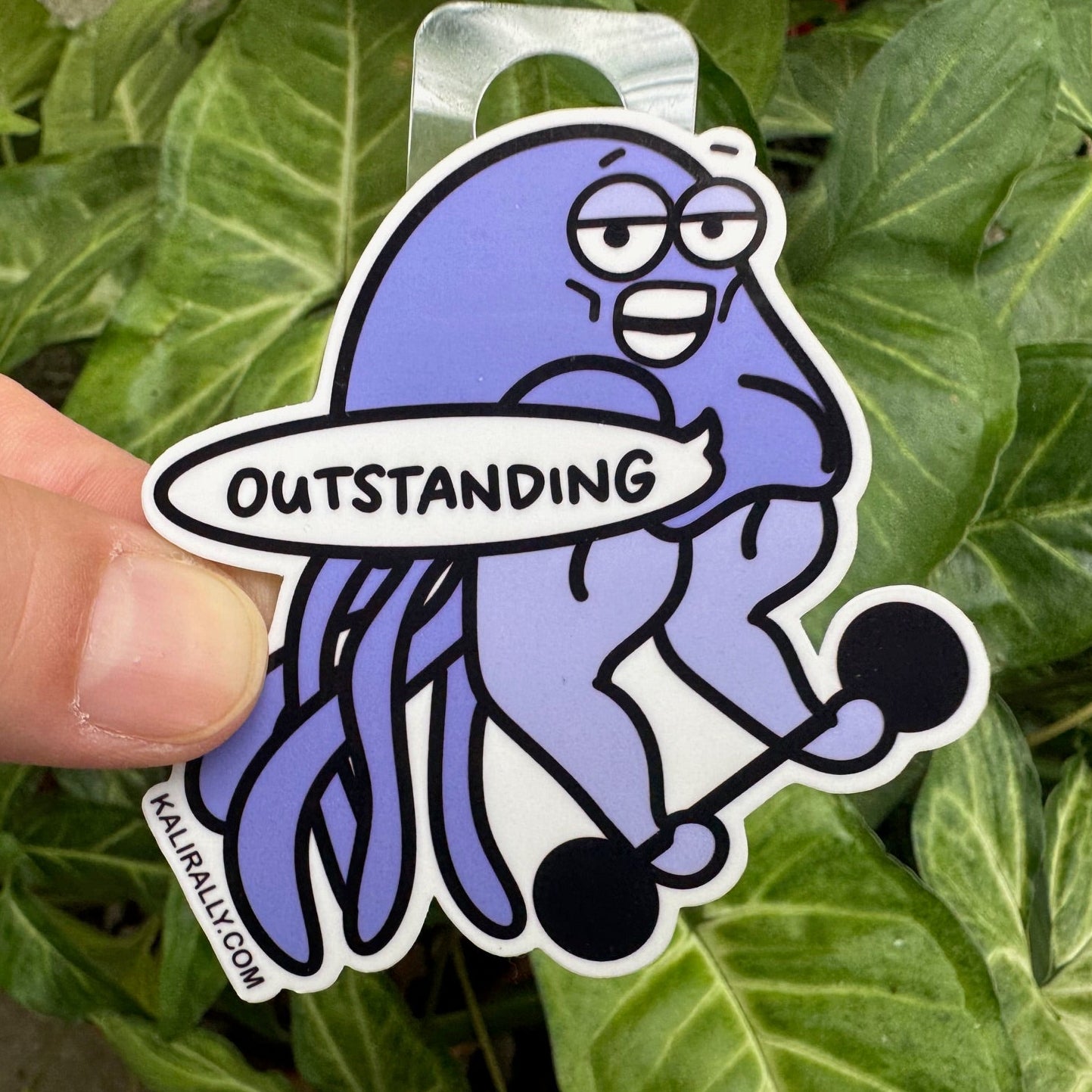 Funny weightlifting sticker with cartoon jellyfish lifting weights – gym decal for water bottles and laptops by Kalirally