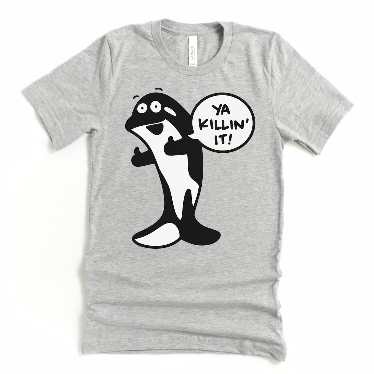 Athletic grey funny whale shirt mockup featuring cartoon orca and playful pun – by Kalirally