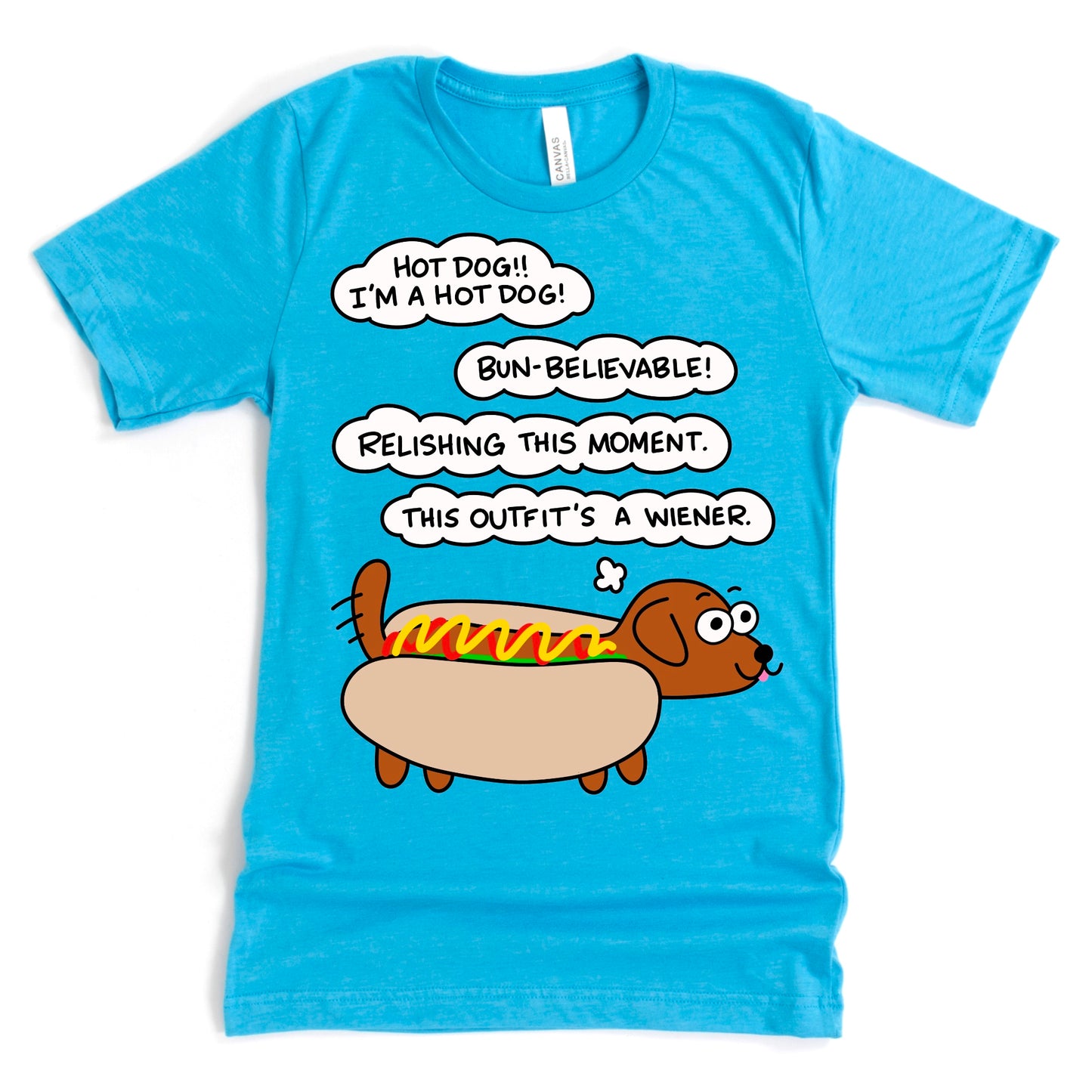Funny Wiener Dog Hot Dog Shirt in Heather Aqua with cartoon dachshund hot dog design, by Kalirally