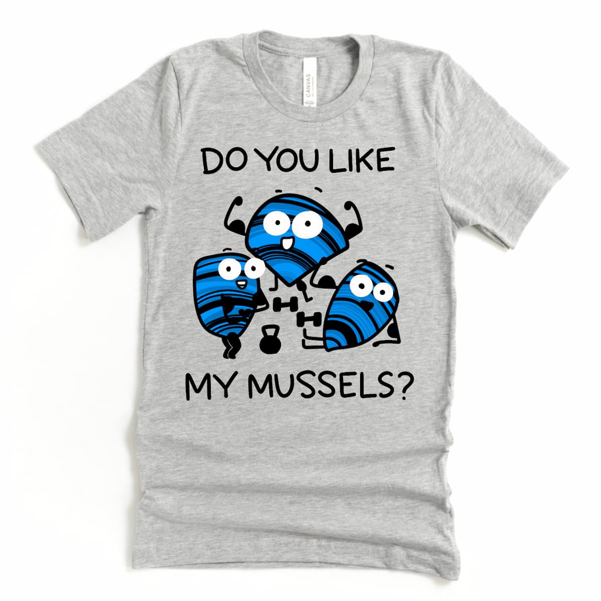 Athletic grey t-shirt with funny muscle pun – “Do You Like My Mussels?” lifting tee for gym humor fans, by Kalirally