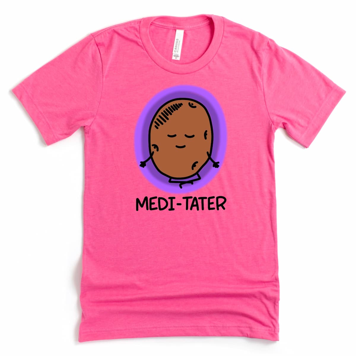 Heather Charity Pink funny yoga shirt with playful cartoon potato meditating and text “Medi-Tater,” by Kalirally
