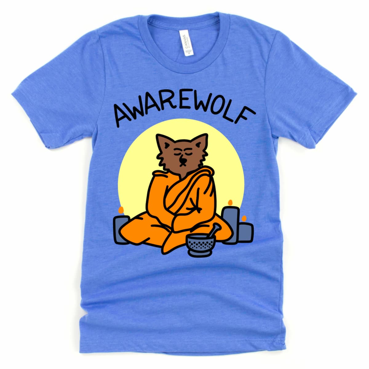 Heather columbia blue cute Buddhist shirt with a seated werewolf in meditation, full moon backdrop, and ritual items.
