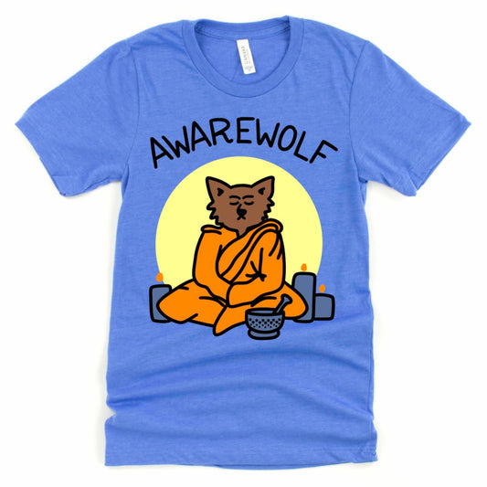 Heather columbia blue cute Buddhist shirt with a seated werewolf in meditation, full moon backdrop, and ritual items.