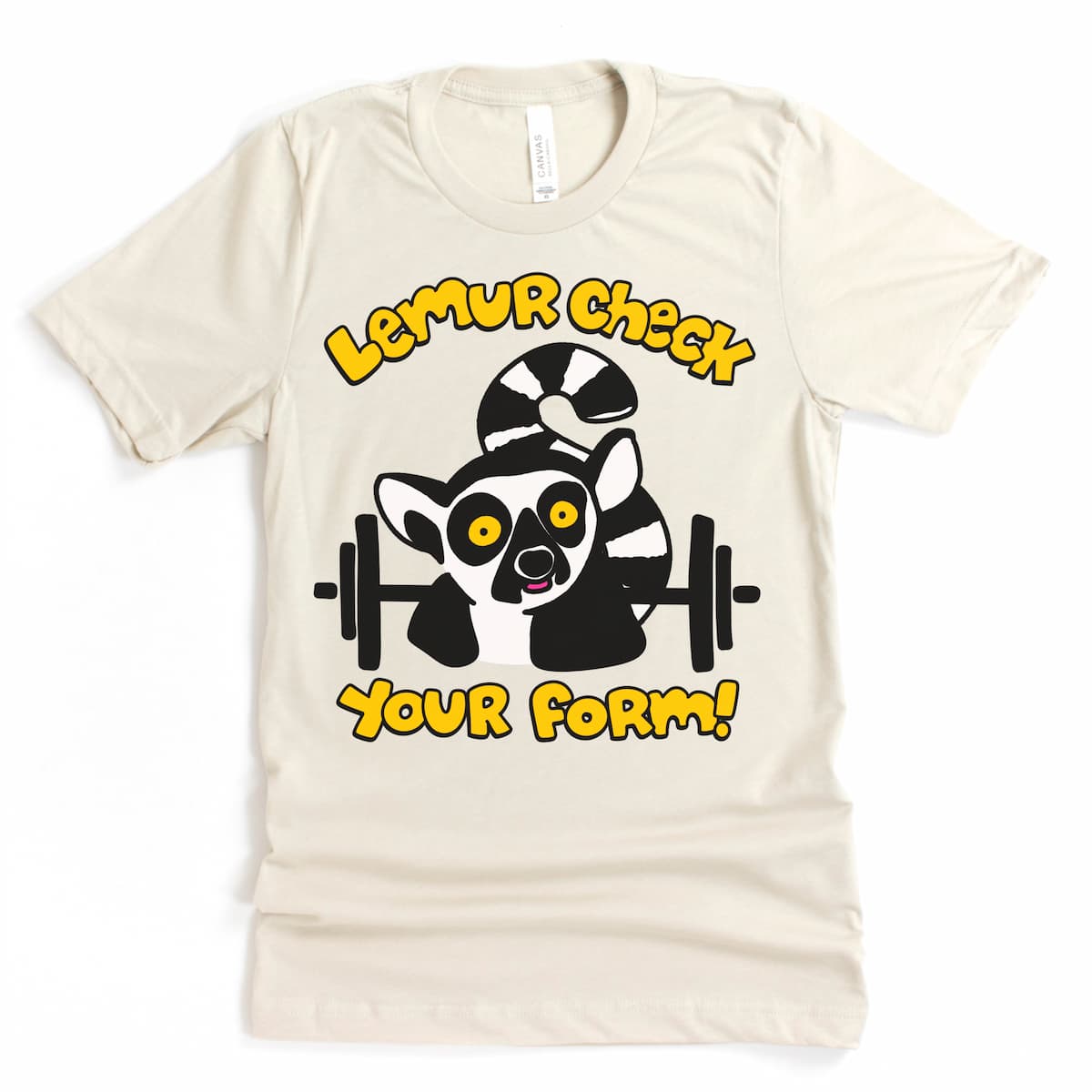 Heather dust shirt flat lay mock up with a yellow-eyed lemur judging your form — funny fitness tshirt that sees everything.