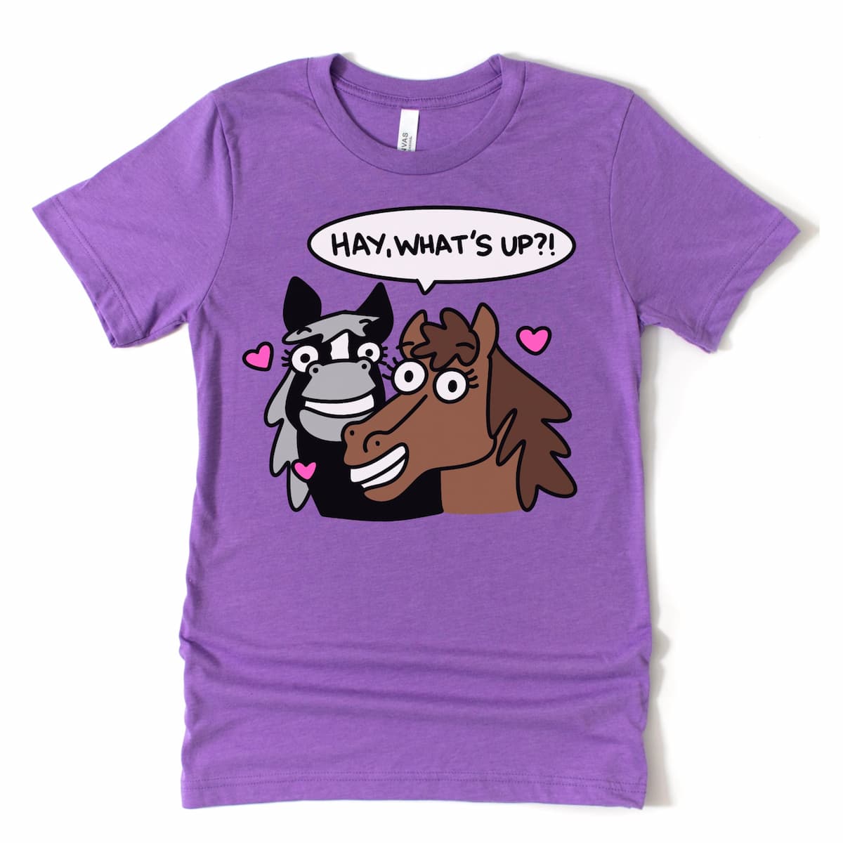 Funny horse t-shirt in soft heather purple with goofy horse design and equestrian pun – Kalirally