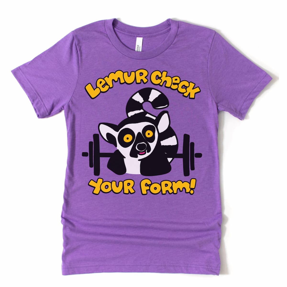 This is a flatlay mock up of a purple shirt with a lemur holding a barbell and silently judging your squat depth. A weightlifting shirt with bite.