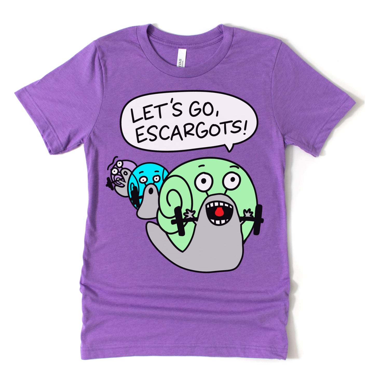 Team purple shirt with “Let’s Go, Escargots!” and three lifting snails. Funny weightlifting shirt for lifters who love puns.