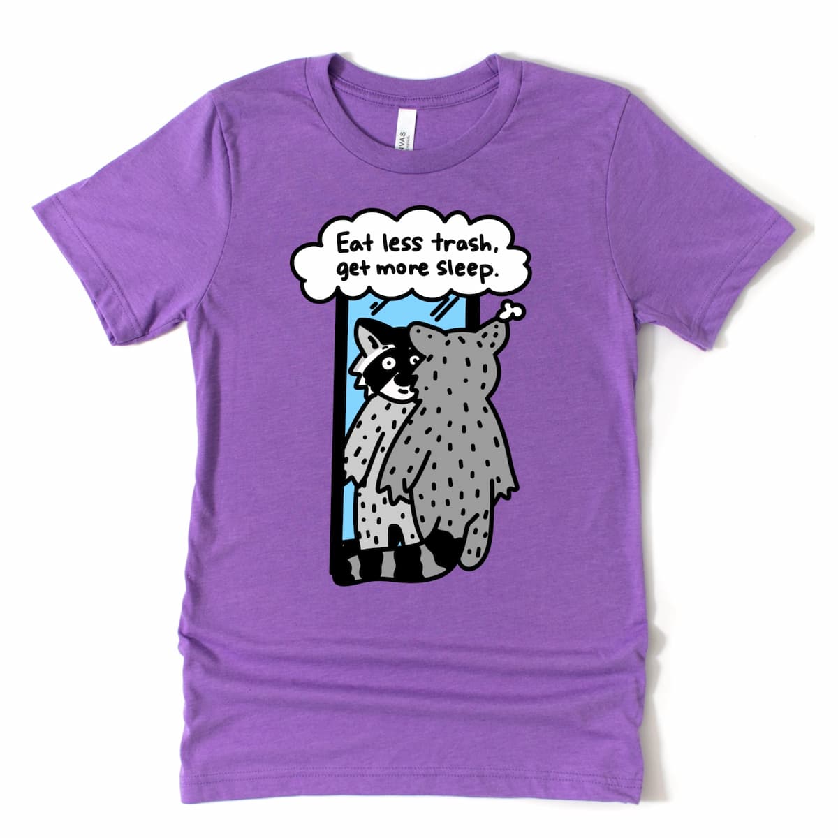 Silly Raccoon Shirt with cartoon mirror reflection and sleep more quote, by Kalirally