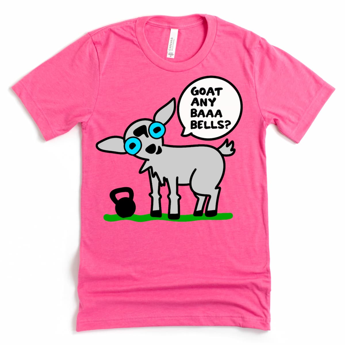 Flat lay of funny female workout shirt featuring goat cartoon and kettlebell, printed on Heather Charity Pink Bella + Canvas tee by Kalirally