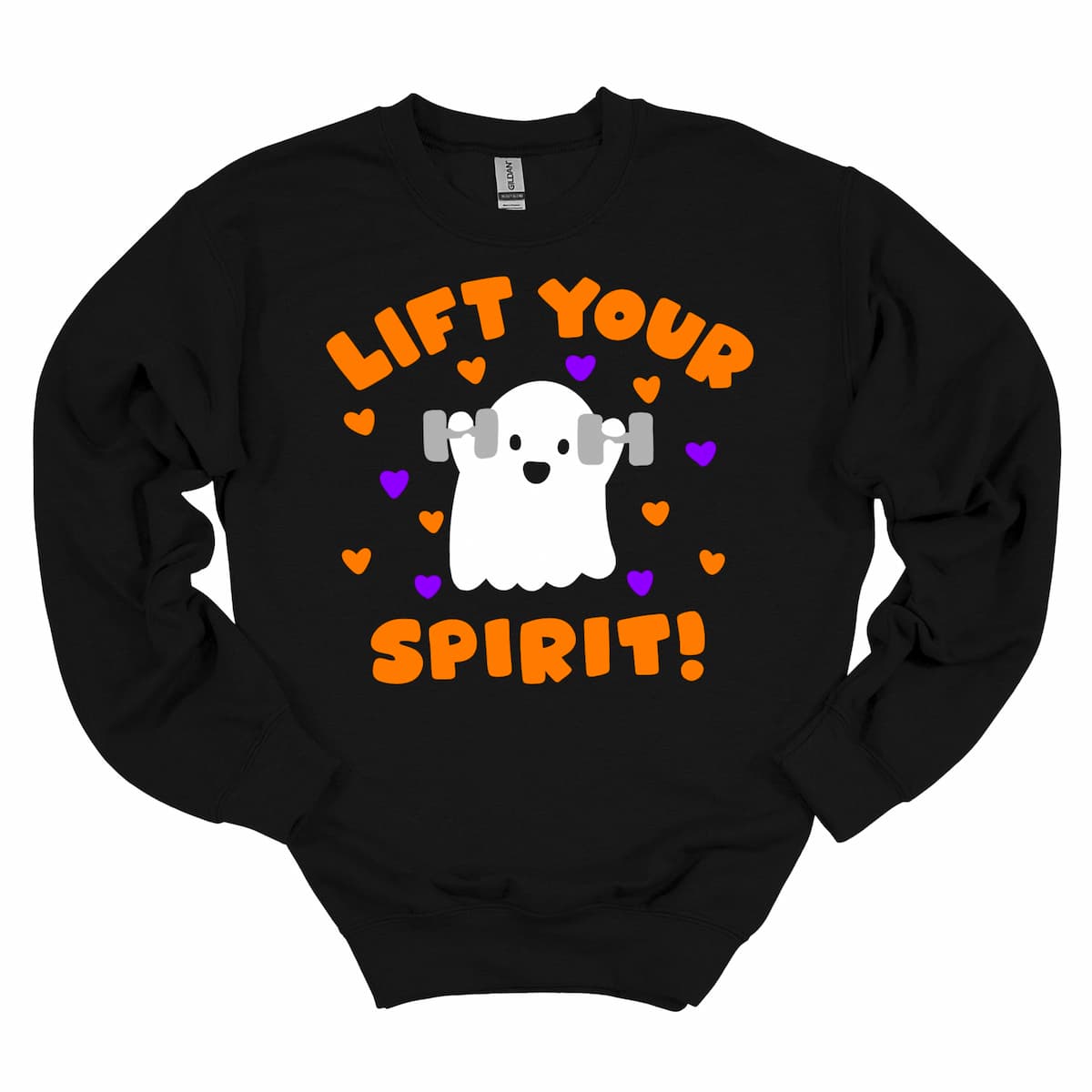Black “Lift Your Spirit!” Halloween Gym Sweatshirt with ghost lifting weights, cozy workout crewneck for gym-goers, trainers, and Halloween fans – by Kalirally