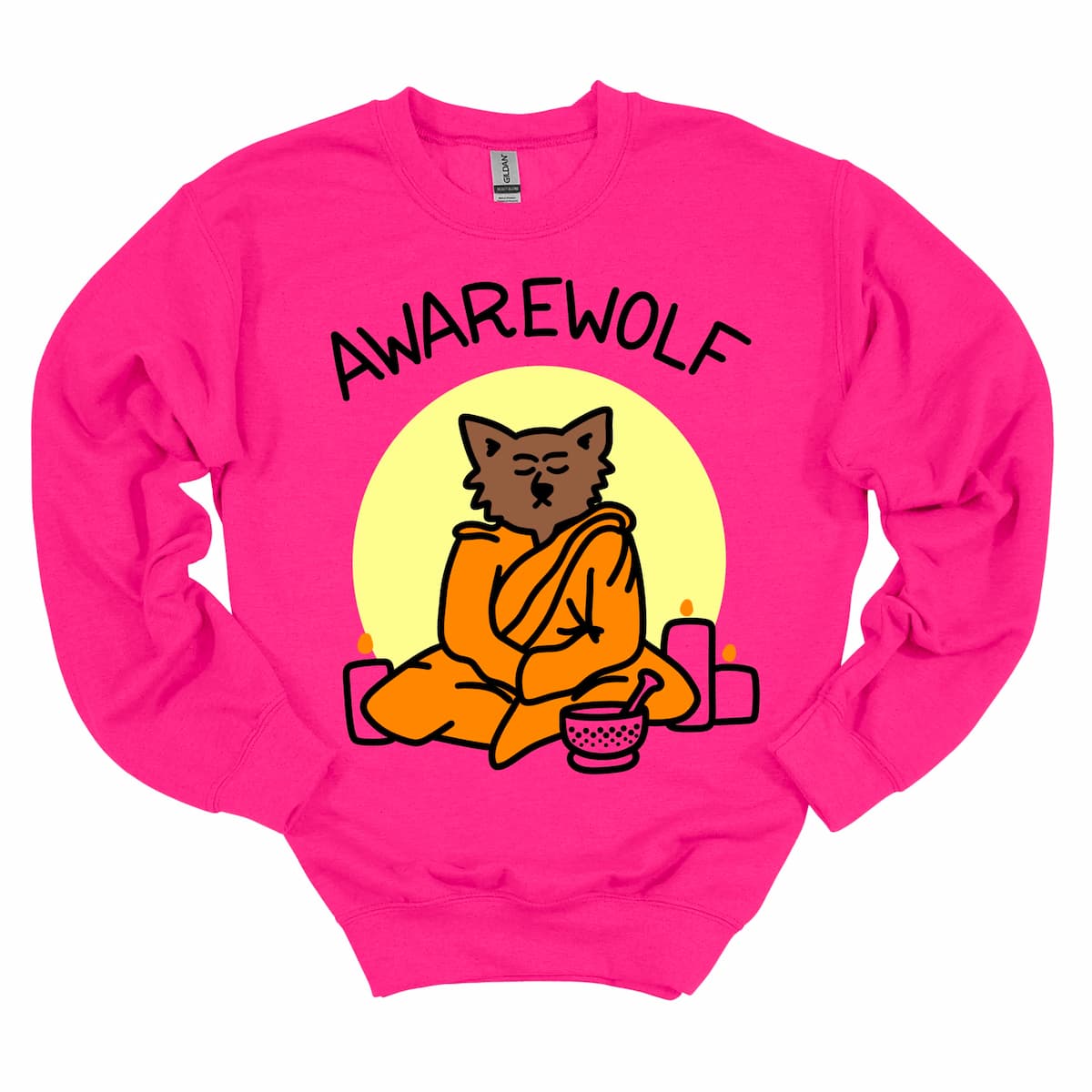 Hot Pink Awarewolf Halloween Yoga Sweatshirt, cozy women’s crewneck for yoga, teachers, and festive fall workouts – by Kalirally