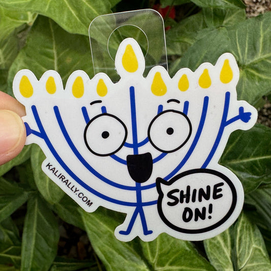 Cheerful water bottle sticker with cartoon Chanukiah – “Shine On!” decal for water bottles and laptops by Kalirally