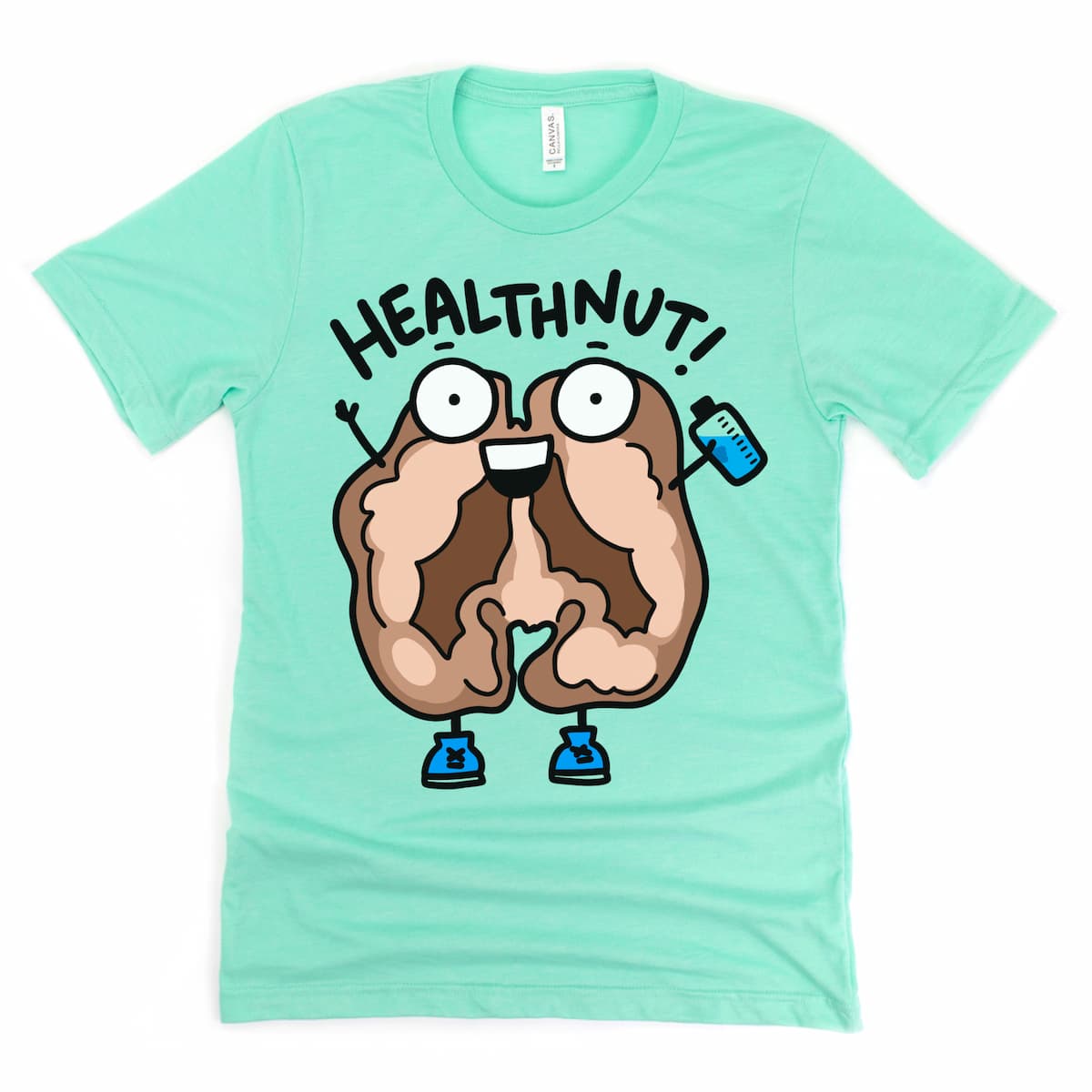 Kalirally Health Nut tee in mint green showing a cartoon walnut mid-run with water and sneakers – health humor flat lay