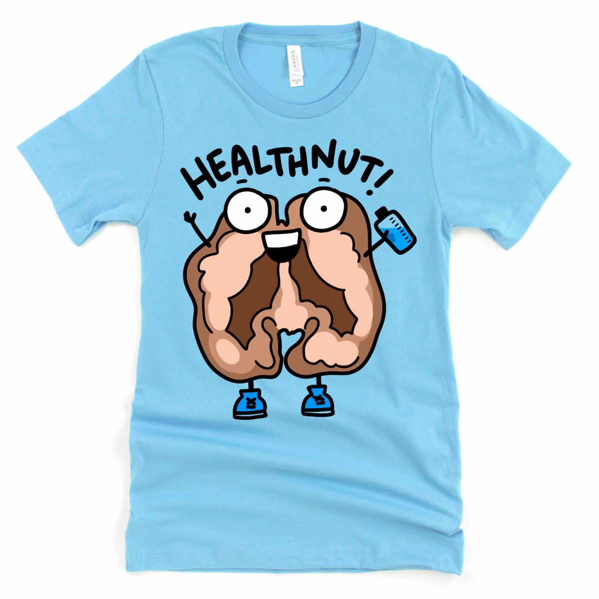 Ocean Blue Kalirally tee with cartoon walnut wearing gym shoes, holding water, saying 'Healthnut!' – flat lay fitness design shirt