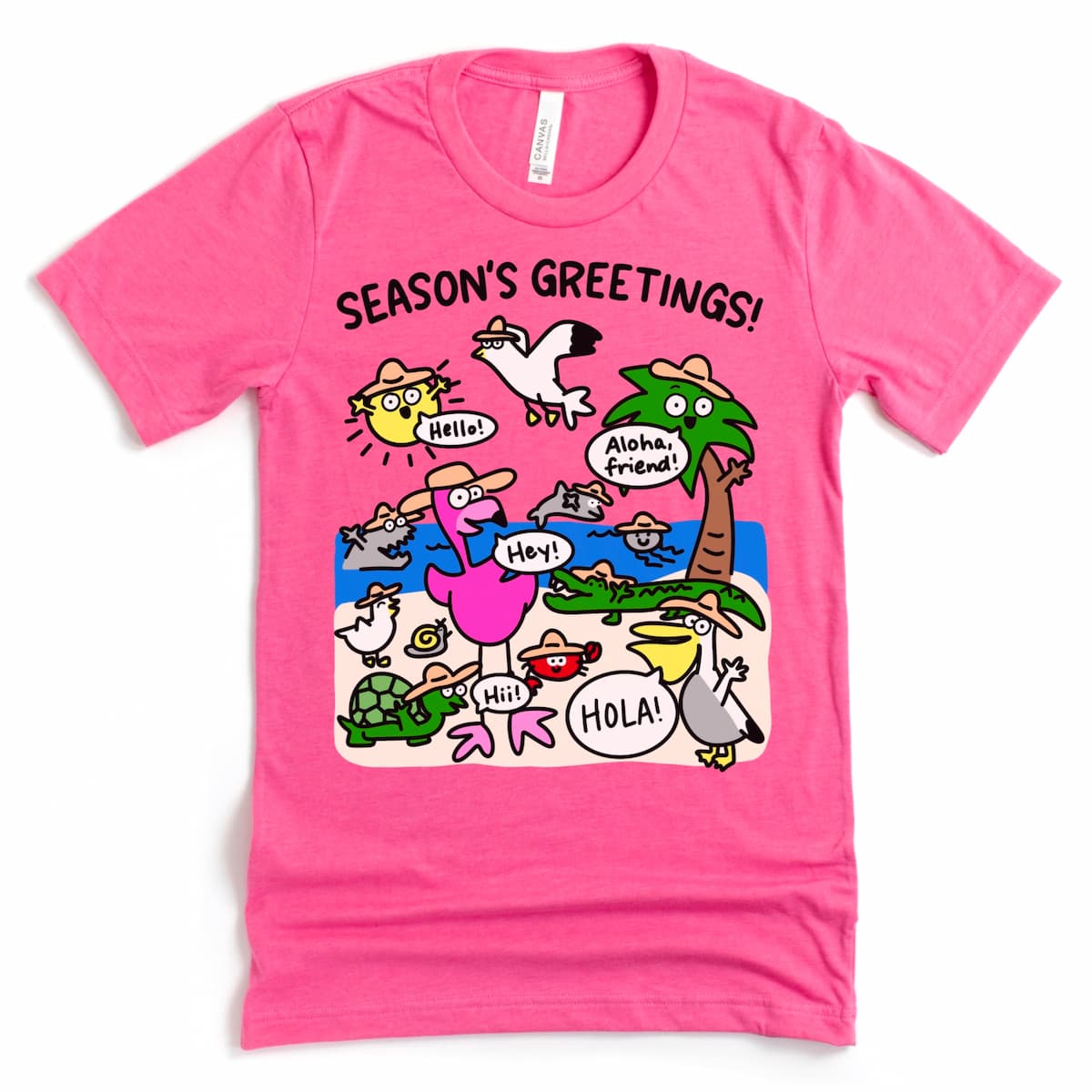 Kalirally’s “Season’s Greetings” Florida tee in heather charity pink, displayed flat with coastal flair and beachy animal greetings.
