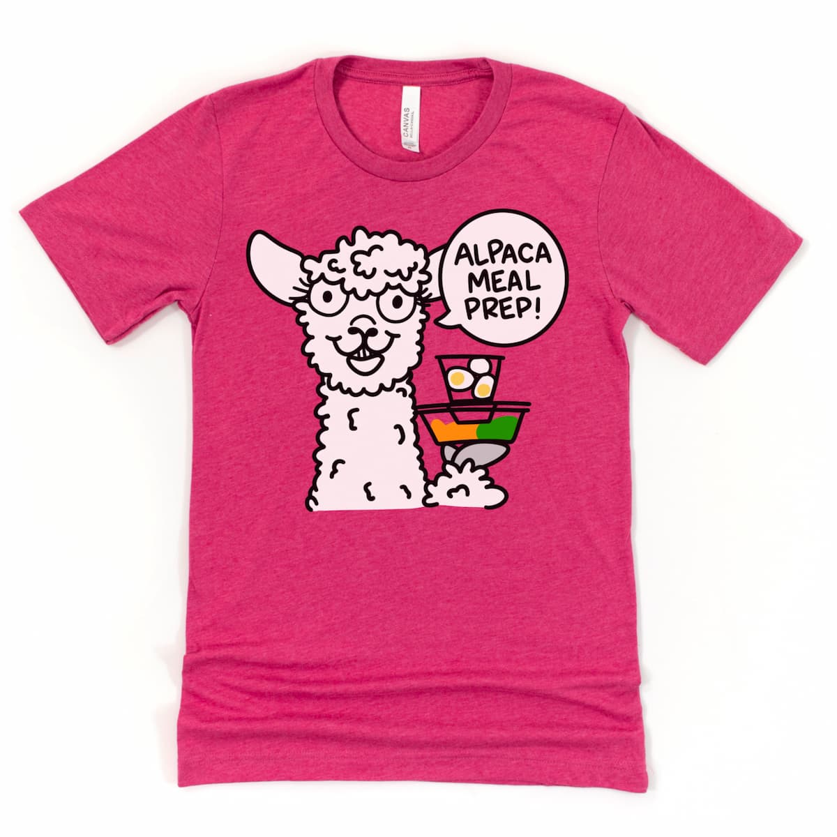 Funny gym tee featuring alpaca meal prep design in raspberry pink, by Kalirally