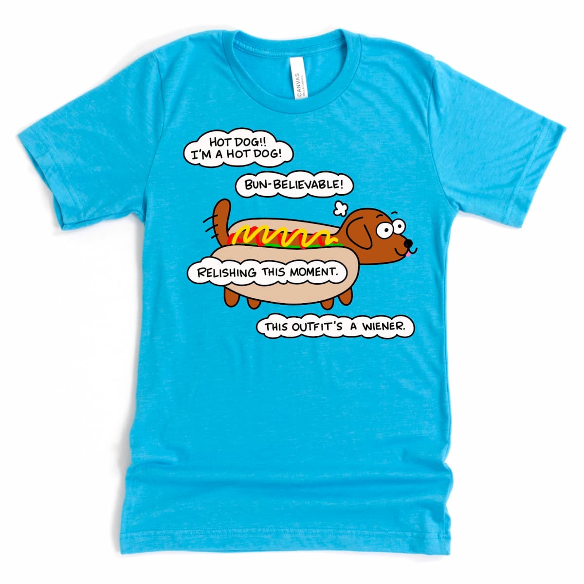 Heather Aqua funny dachshund hot dog tee featuring a cartoon wiener dog in costume, by Kalirally