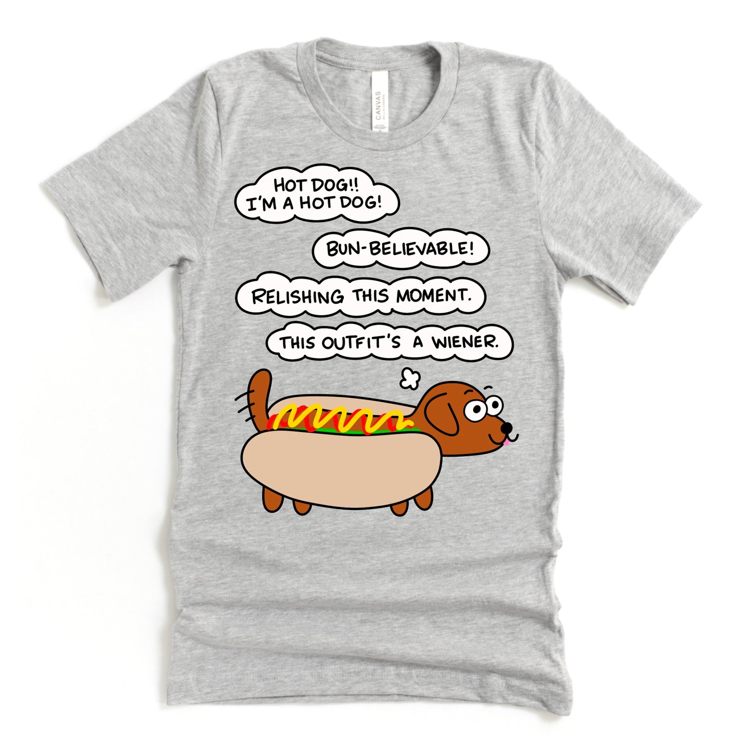 Hot Dog Shirt in Athletic Grey with cartoon dachshund dressed as hot dog, fun punny dog lover gift, by Kalirally
