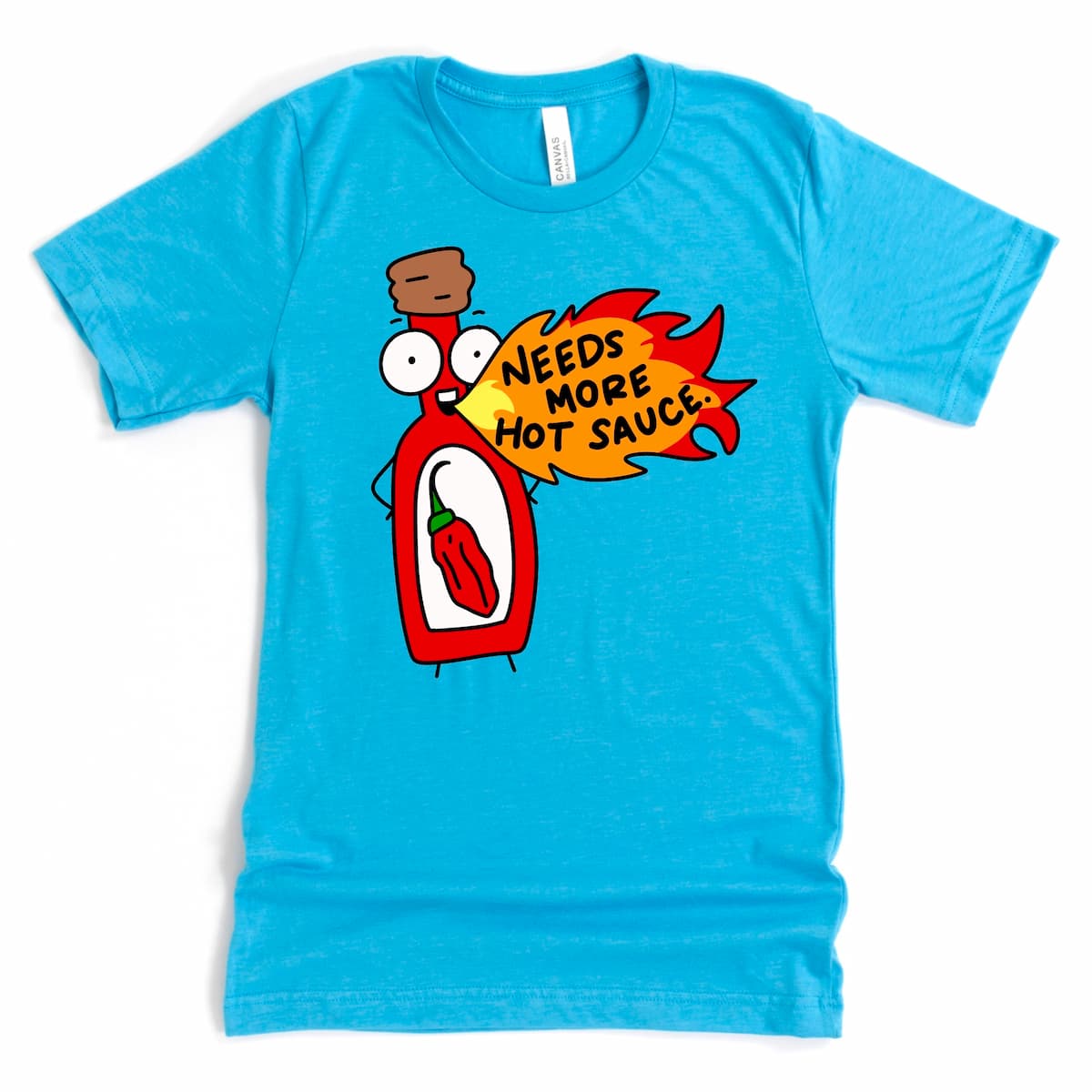 Hot Sauce Shirt in Heather Aqua featuring cartoon hot sauce bottle and playful spicy food design, by Kalirally