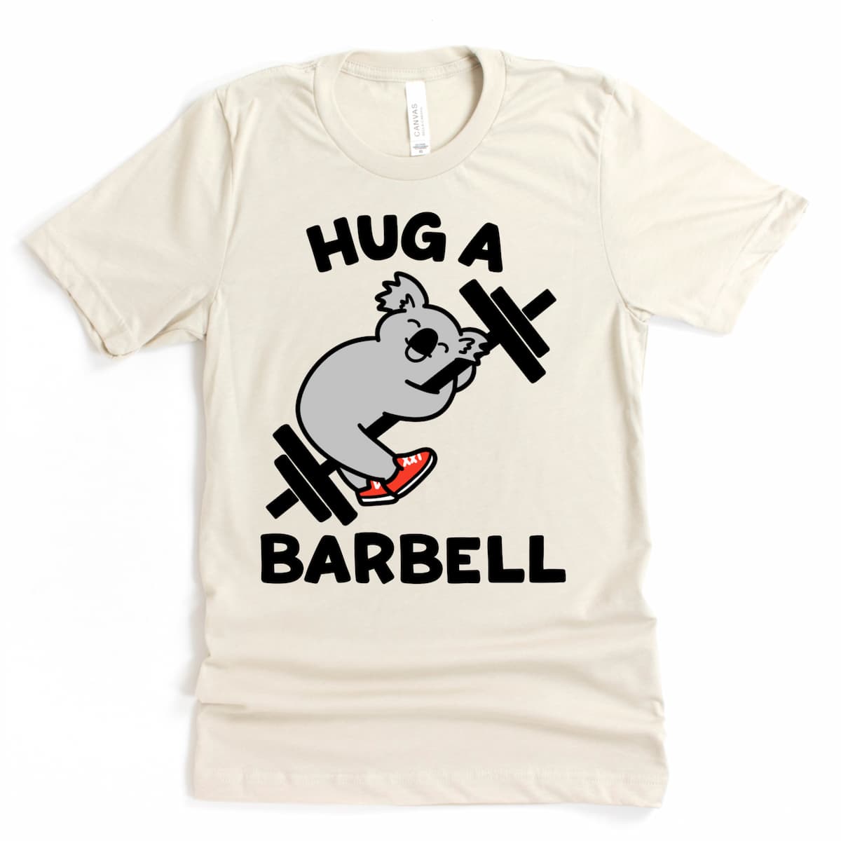 Muscle woman graphic tee with koala lifting art – Heather Dust color, by Kalirally
