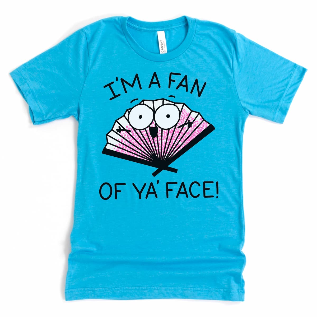 Fun and silly friend graphic tee with cartoon hand-fan and pun design, pictured in Heather Aqua, by Kalirally.