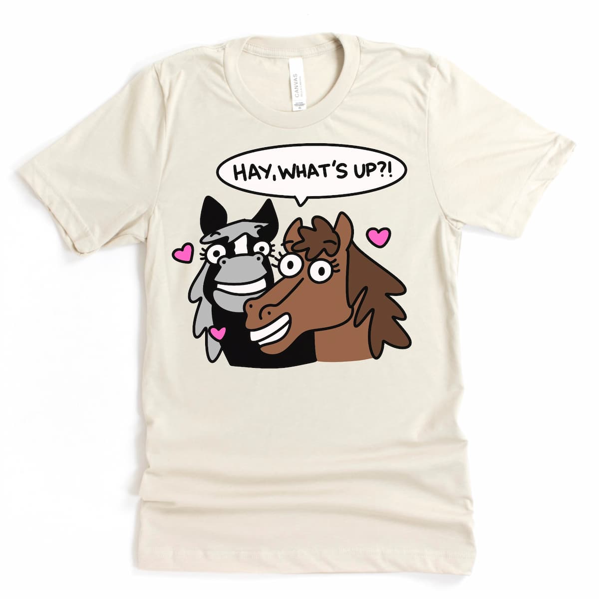 Humorous horse lover shirt in heather dust featuring cartoon horses and funny “Hay, What’s Up?” design – Kalirally