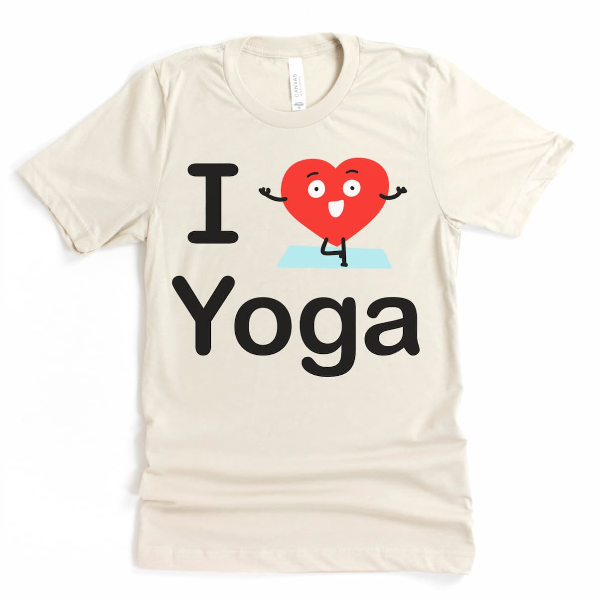 Yoga ladies t shirts - this is a flat lay of a heather dust I Heart Yoga tshirt showing a small heart cartoon figure in yoga tree pose.