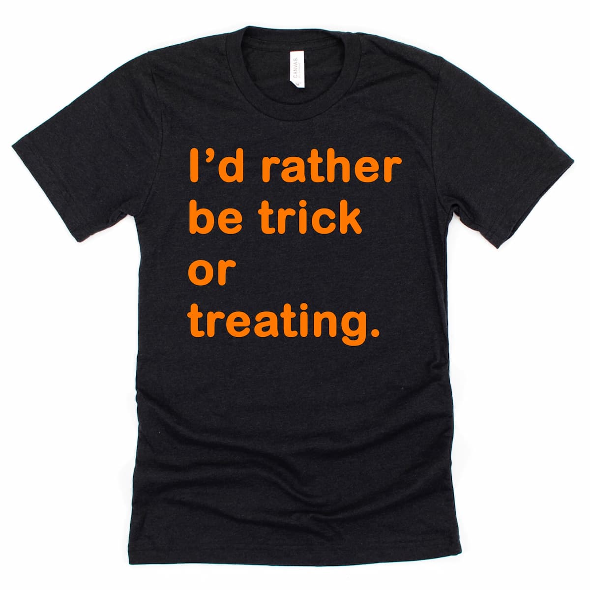 I’d Rather Be Trick or Treating Shirt in Heather Black with playful Halloween design and “I’d Rather Be Trick or Treating” phrase, by Kalirally