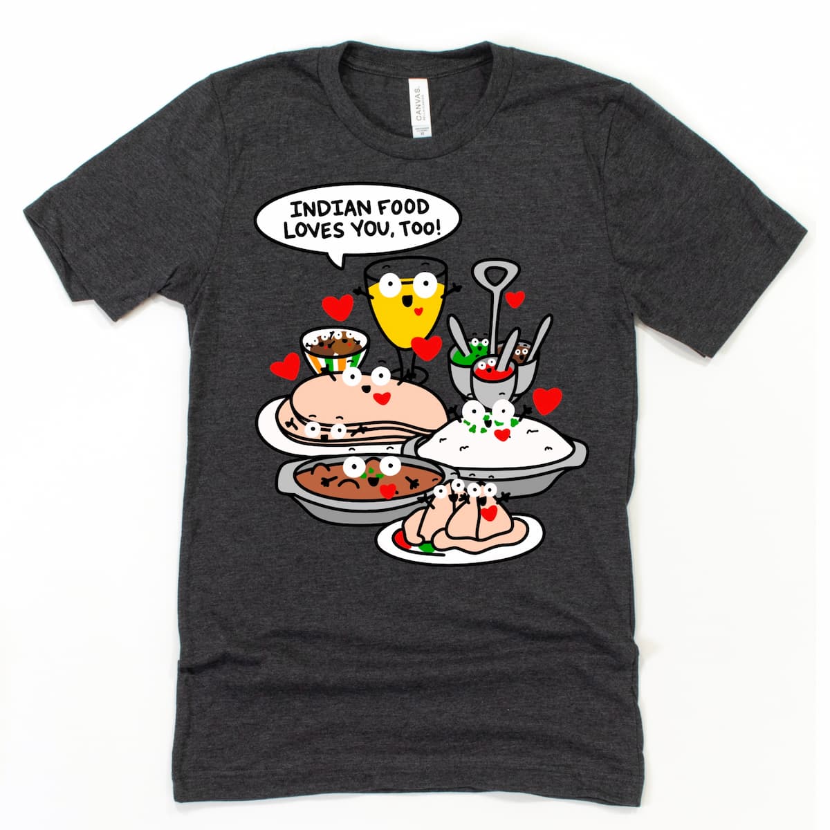 Indian Food Graphic Tee in Heather Dark Grey featuring playful cartoon Indian dishes and “Indian food loves you, too!” phrase, by Kalirally