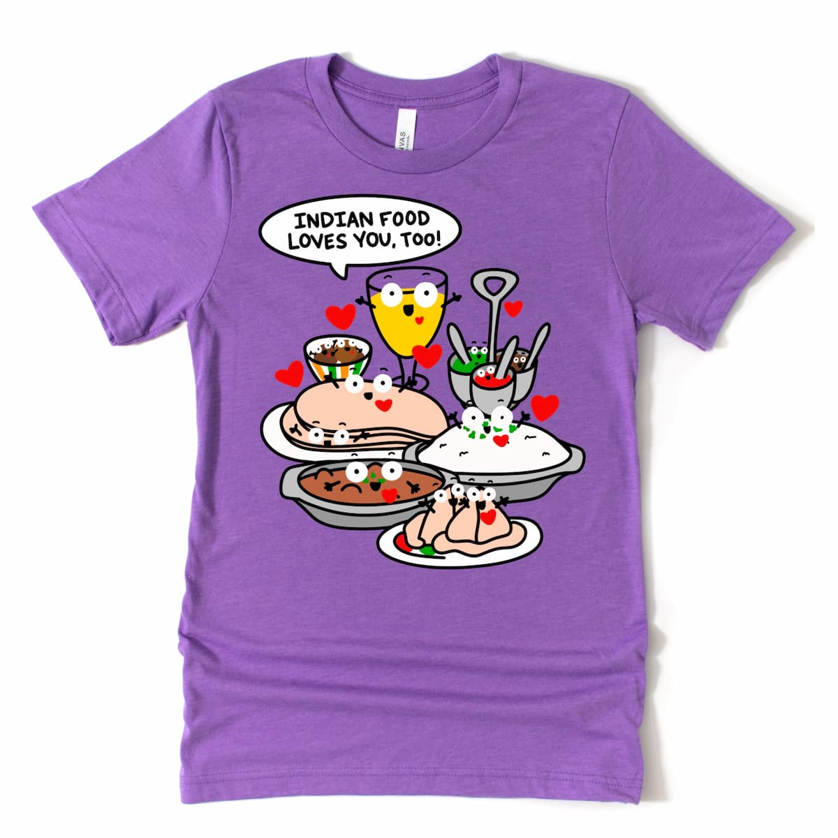 Indian Food Shirt in Heather Purple featuring cartoon Indian dishes like curry, mango lassi, samosas, rice and naan, gulab jamun with phrase “Indian food loves you, too!”, by Kalirally