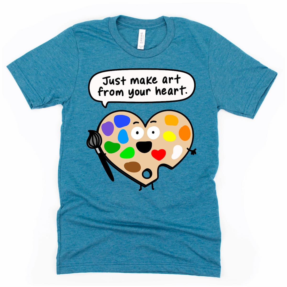 Inspiring art teacher graphic tee with cartoon palette and motivational message in Heather Dark Teal by Kalirally
