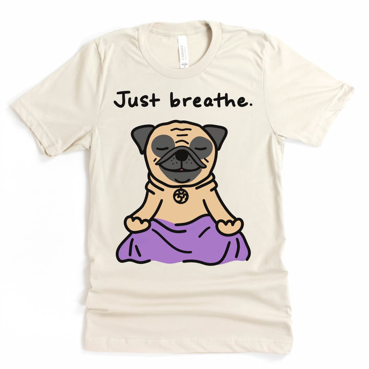 Heather Dust t-shirt with cartoon pug meditating and “Just Breathe” text – pug tee shirt flat lay by Kalirally