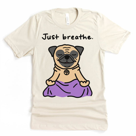 Heather Dust t-shirt with cartoon pug meditating and “Just Breathe” text – pug tee shirt flat lay by Kalirally