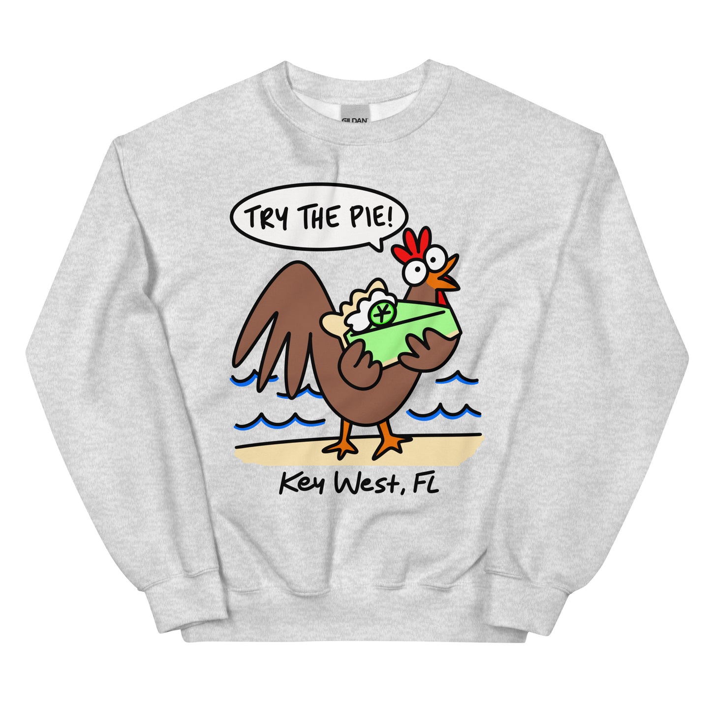Here's an athletic gray sweatshirt with a cartoon rooster saying, "Try the pie!" offering a piece of keylime pie to the viewer. It says Key West, FL on the bottom of the shirt.