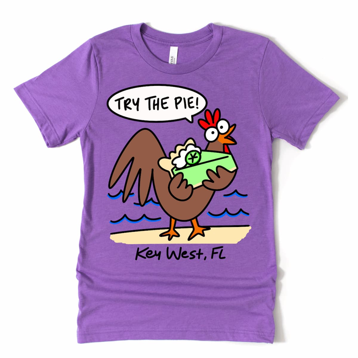 Purple Key West Shirt with a cartoon rooster offering key lime pie – tee by Kalirally