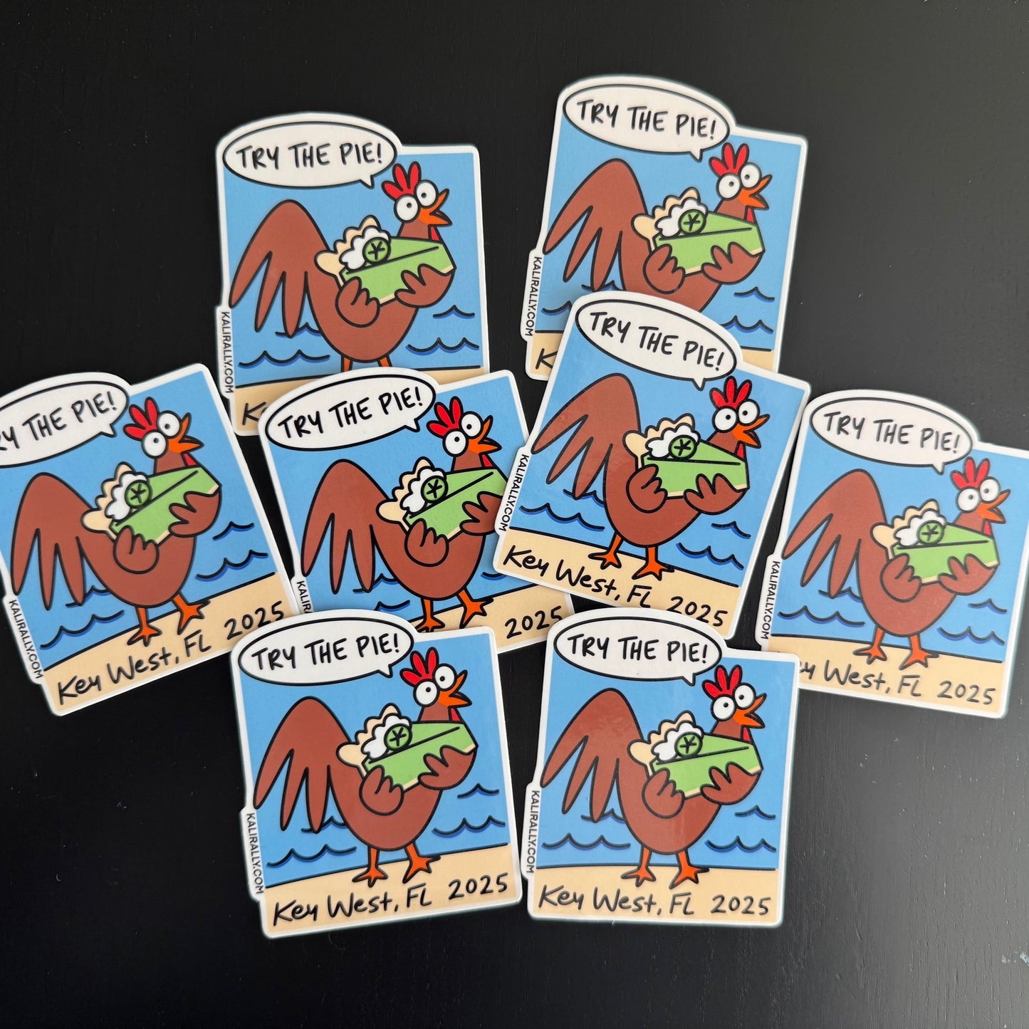 This is a picture of eight of our Key West, "Try the pie!" stickers with a cartoon rooster encouraging you to try the pie! Makes for great family souvenirs.