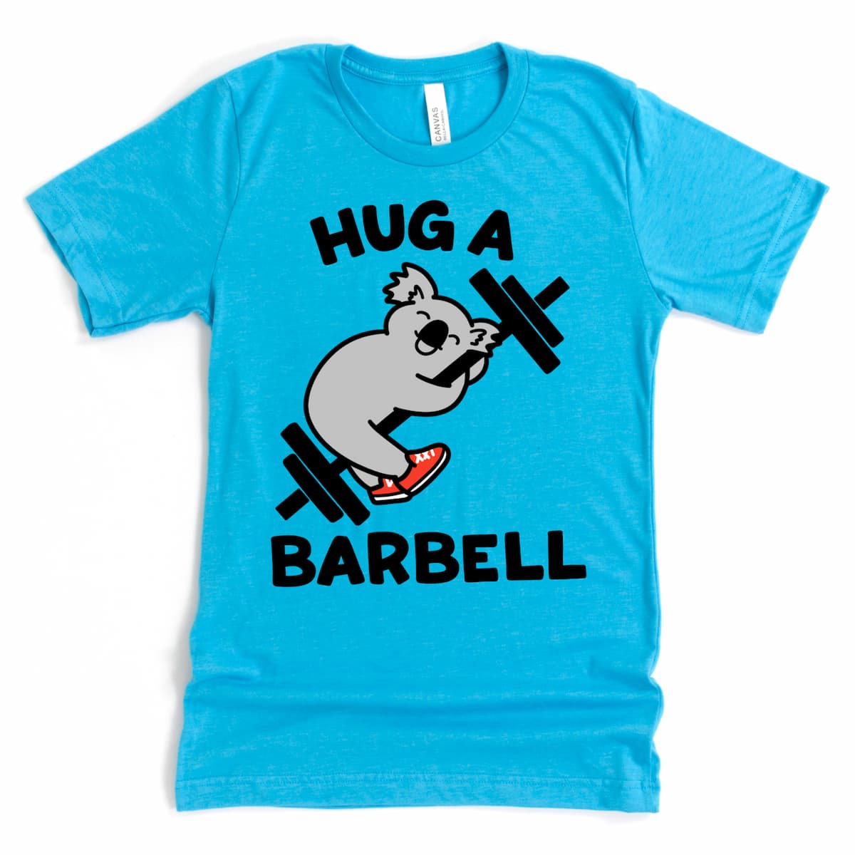 Funny women’s lifting tee with a cartoon koala hugging a barbell – Heather Aqua - by Kalirally