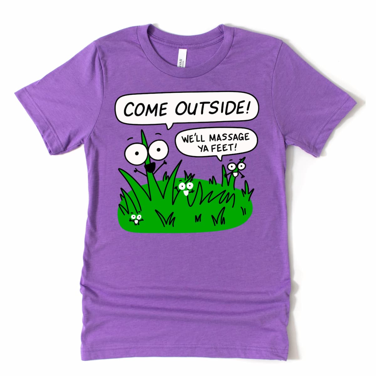 Lawn shirt in Heather Purple featuring funny quote “We’ll massage ya feet!” – perfect for yard lovers – Kalirally
